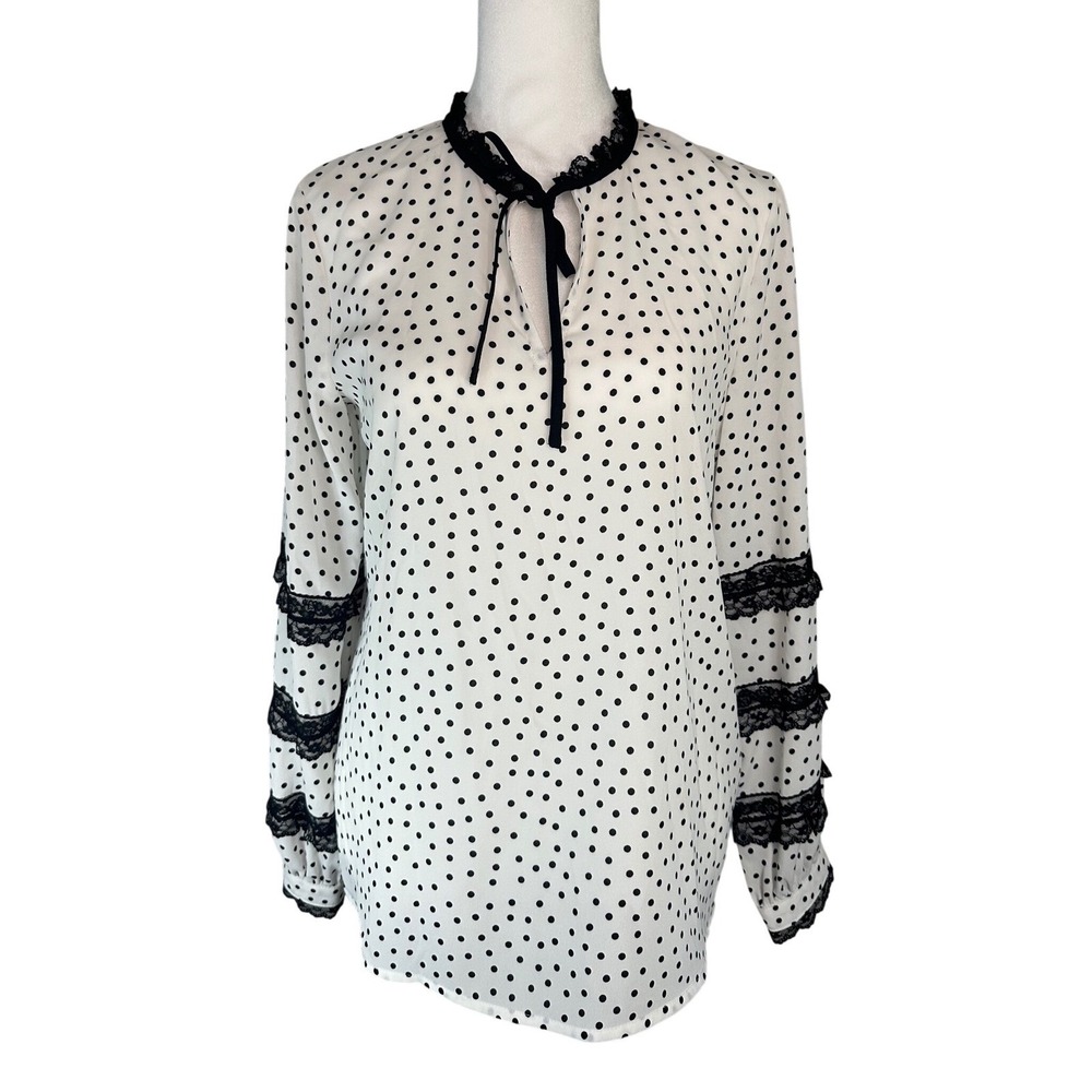 NWT Karl Lagerfeld White and Black Polka Dot Blouse Size XS